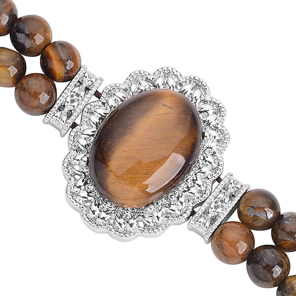 Shop Lc Yellow Tiger's Eye Beaded Bracelet In Silvertone 45.00 Ctw (6.50-8.00In)