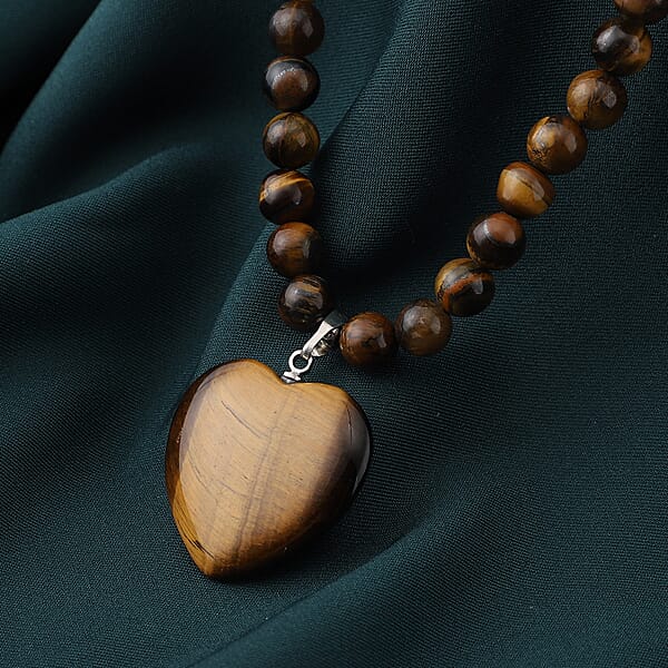Shop Lc Yellow Tiger's Eye Beaded Necklace With Heart Pendant 18-20 Inches In Silvertone 154.50 Ctw