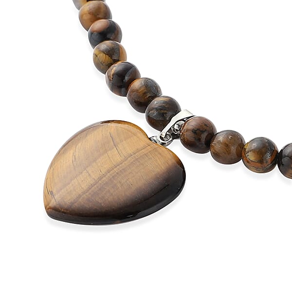 Shop Lc Yellow Tiger's Eye Beaded Necklace With Heart Pendant 18-20 Inches In Silvertone 154.50 Ctw