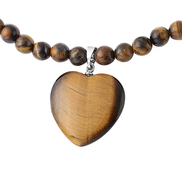 Shop Lc Yellow Tiger's Eye Beaded Necklace With Heart Pendant 18-20 Inches In Silvertone 154.50 Ctw