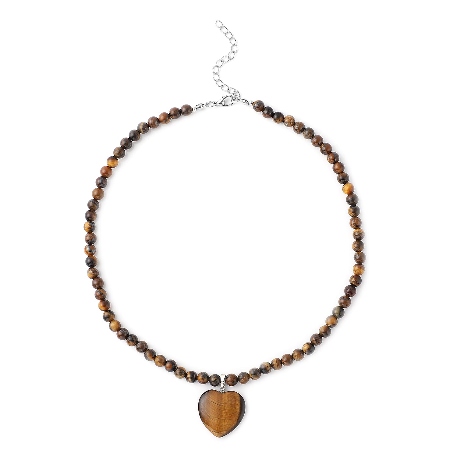 shop lc Yellow Tiger's Eye Beaded Necklace with Heart Pendant 18-20 Inches in Silvertone 154.50 ctw
