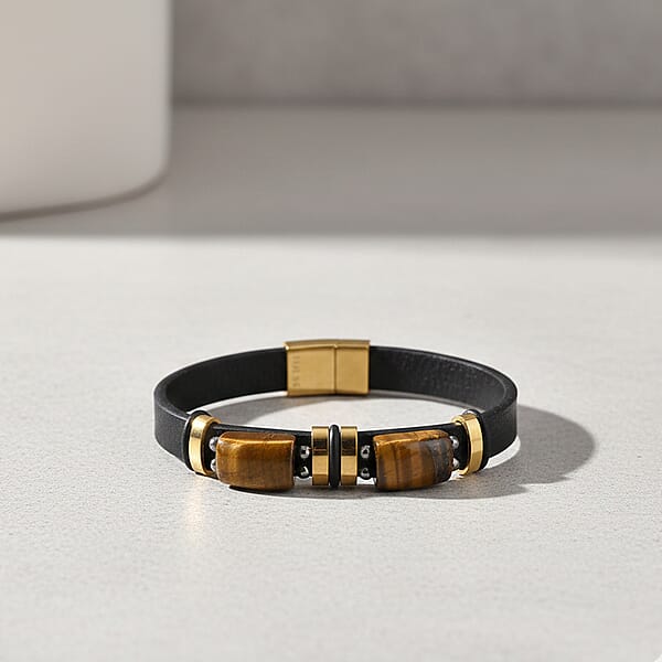Shop Lc Yellow Tigers Eye 10.00 Ctw Microfiber Leather Bracelet In ION Plated YG Stainless Steel (8.00 In)