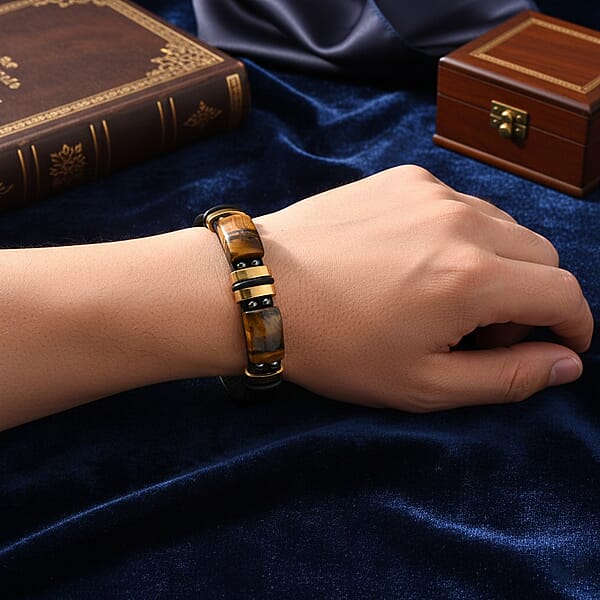 Shop Lc Yellow Tigers Eye 10.00 Ctw Microfiber Leather Bracelet In ION Plated YG Stainless Steel (8.00 In)