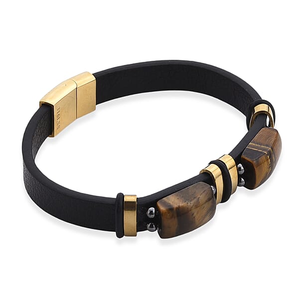 Shop Lc Yellow Tigers Eye 10.00 Ctw Microfiber Leather Bracelet In ION Plated YG Stainless Steel (8.00 In)
