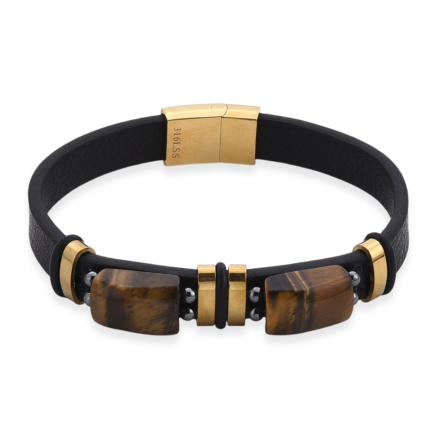 shop lc Yellow Tigers Eye 10.00 ctw Microfiber Leather Bracelet in ION Plated YG Stainless Steel (8.00 In)