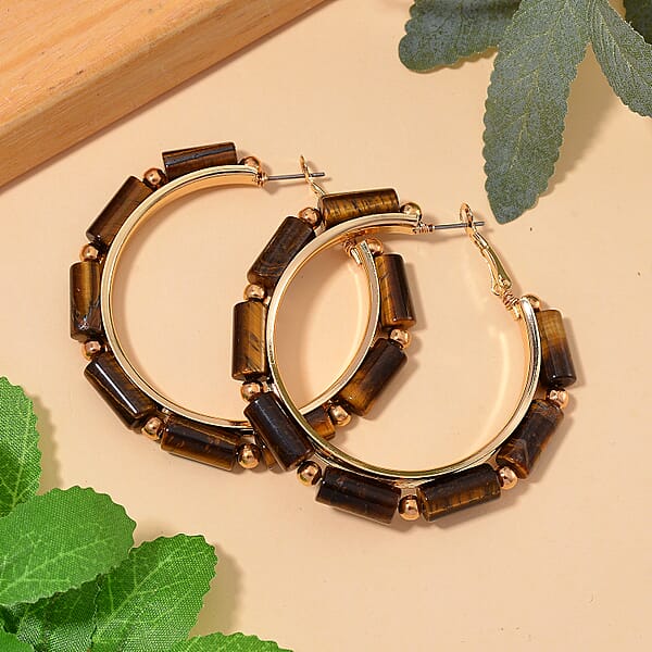 Shop Lc Yellow Tigers Eye 50.00 Ctw Hoop Earrings In Goldtone