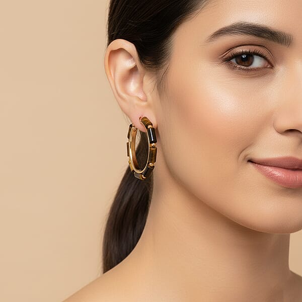 Shop Lc Yellow Tigers Eye 50.00 Ctw Hoop Earrings In Goldtone