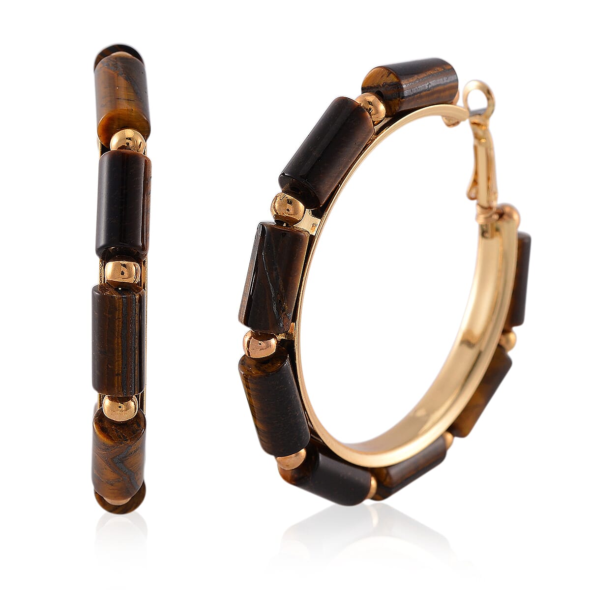 shop lc Yellow Tigers Eye 50.00 ctw Hoop Earrings in Goldtone