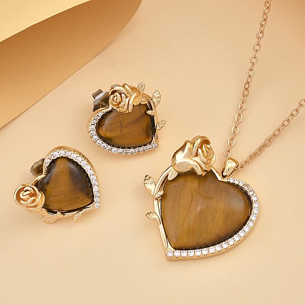 Shop Lc Yellow Tigers Eye Simulated Diamond 6.00 Ctw Heart Earrings And Pendant Necklace In Goldtone 20-22 Inches