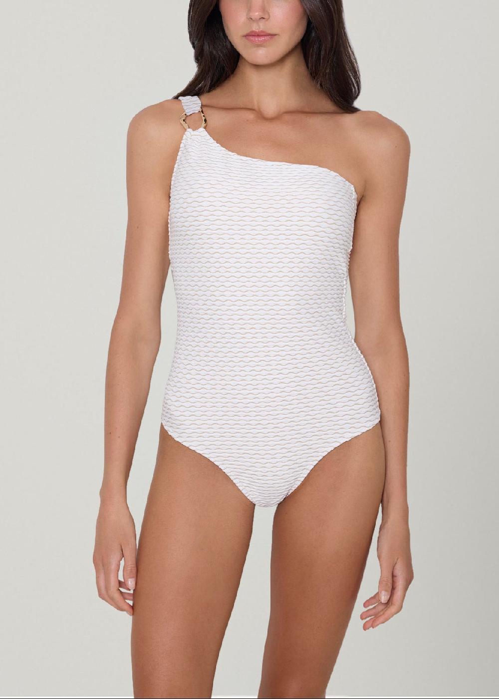 shoshanna Ivory and Gold Ring One Shoulder One Piece Ivory