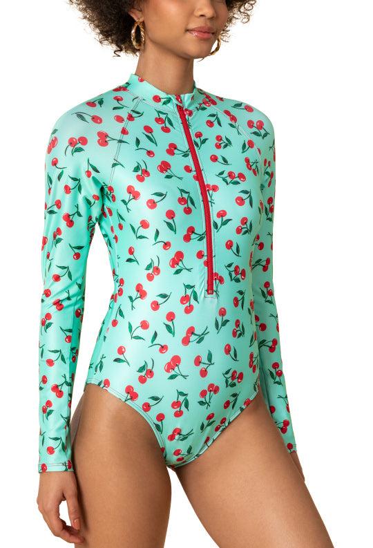 Shoshanna Mint Anniversary Cherries Long Sleeve Rashguard Multicolor