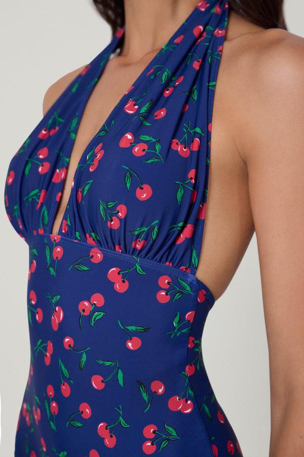 Shoshanna Navy Cherries Halter One Piece Navy