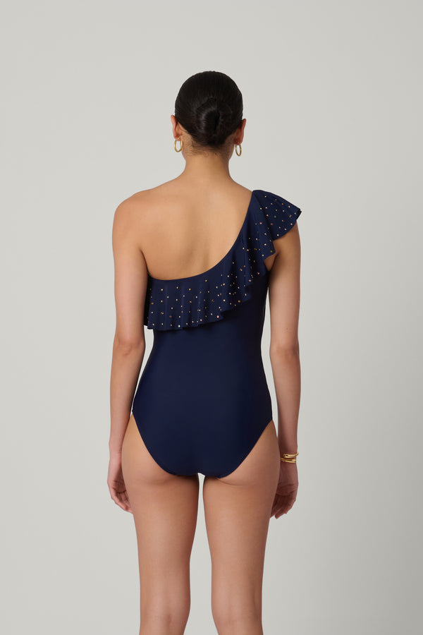 Shoshanna Navy One Shoulder Ruffle One Piece Navy