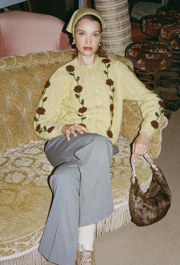 Shrimps Minnie Cardigan - Dusty Yellow/Chocolate Brown