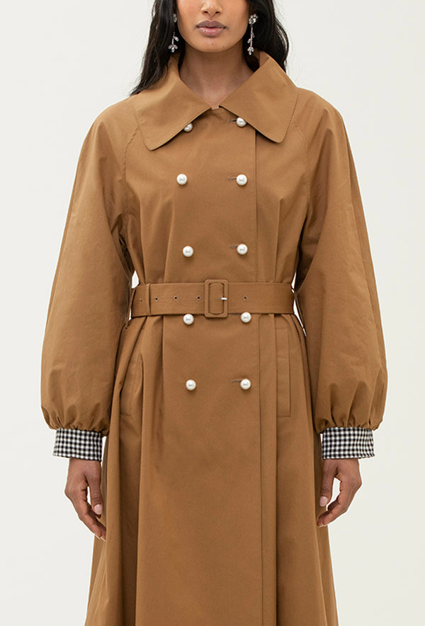 Shrimps Birch Trench Coat - Tan/Black Gingham