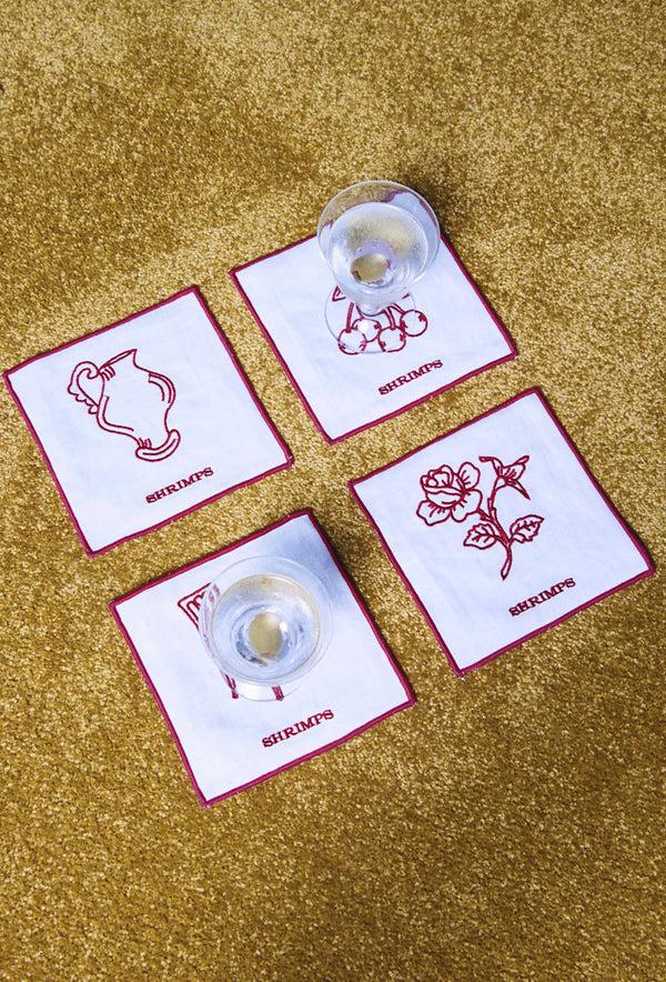 Shrimps Meadow Set Of 4 Coasters - Cream/Rose Red