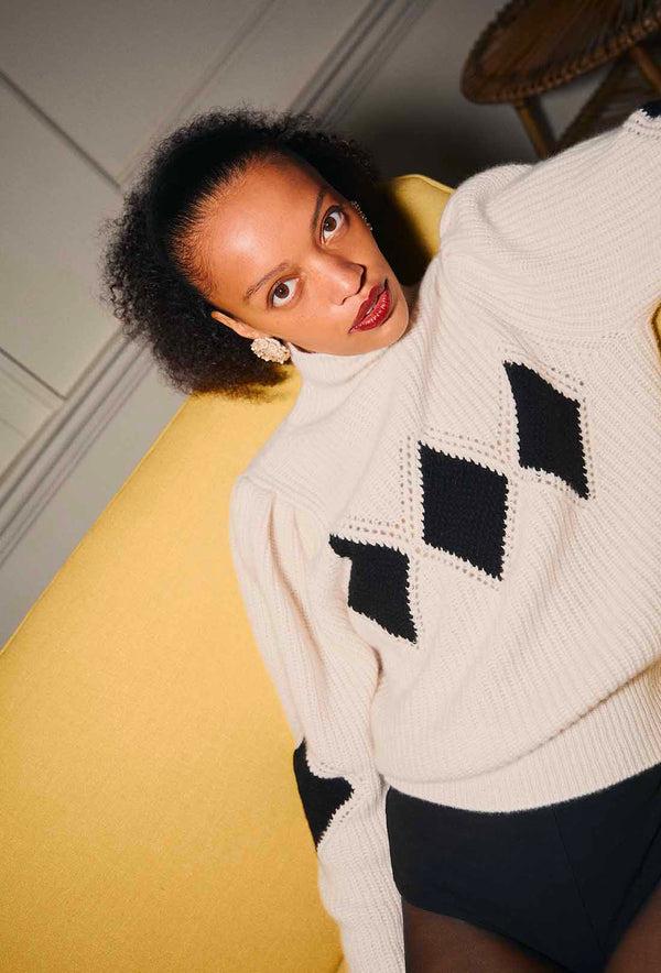 Shrimps Shrimps X Reformation Diamond Cashmere Turtleneck - Cream/Black