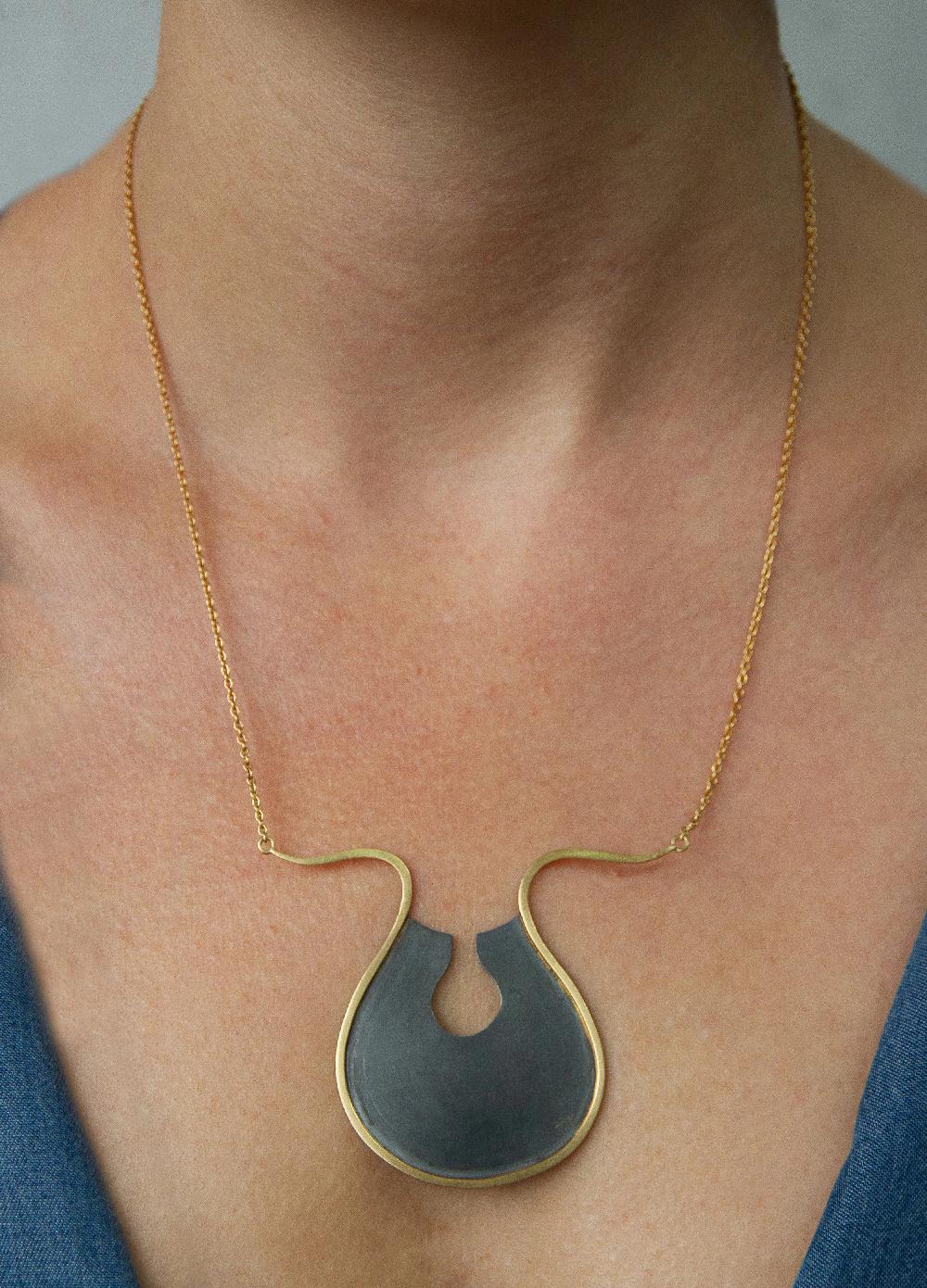 Sian Evans Jewellery Sculptural Modernist Black And Recycled Gold Necklace