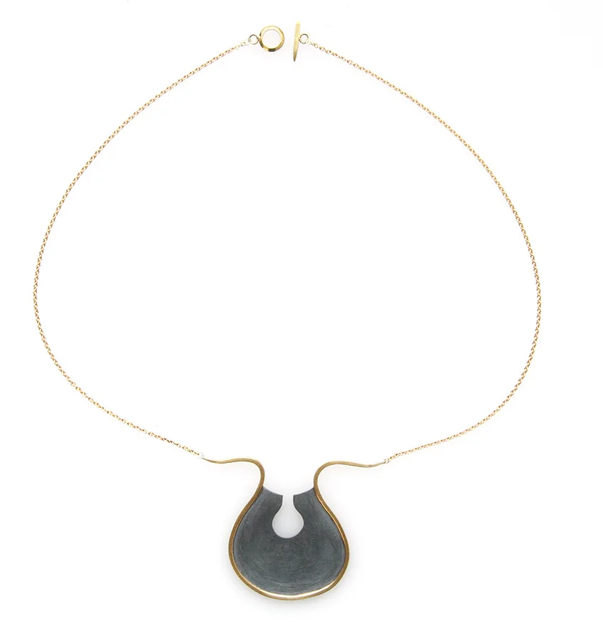 sian evans jewellery Sculptural modernist black and recycled gold necklace