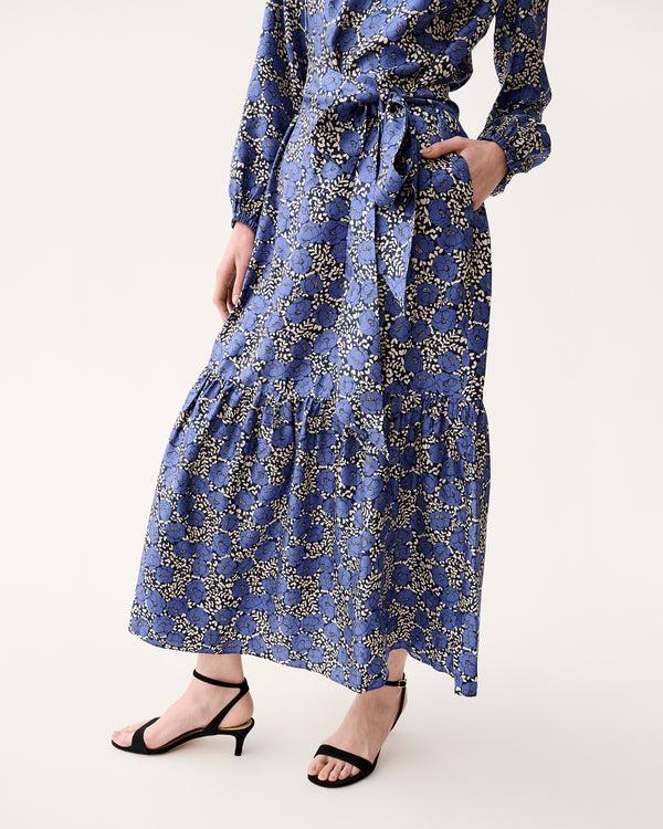 Sid Mashburn Aba Maxi Dress In Navy/Blue Peony Buds Printed Silk Twill