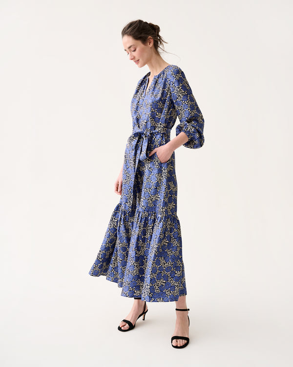 Sid Mashburn Aba Maxi Dress In Navy/Blue Peony Buds Printed Silk Twill