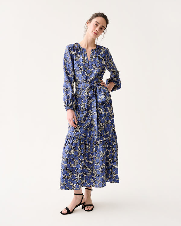 Sid Mashburn Aba Maxi Dress In Navy/Blue Peony Buds Printed Silk Twill