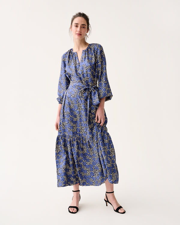sid mashburn Aba Maxi Dress in Navy/Blue Peony Buds Printed Silk Twill