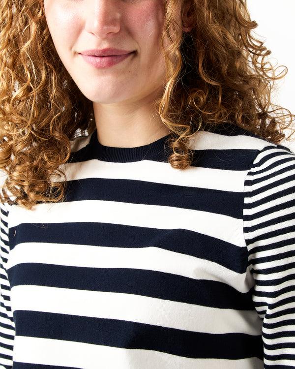 Sid Mashburn Alida Crewneck Sweater In Ivory/Navy Stripe Cotton