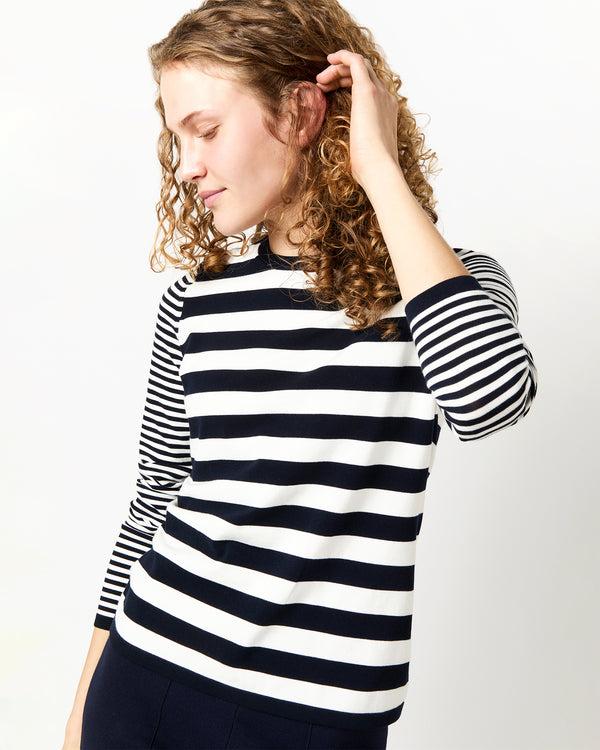 Sid Mashburn Alida Crewneck Sweater In Ivory/Navy Stripe Cotton