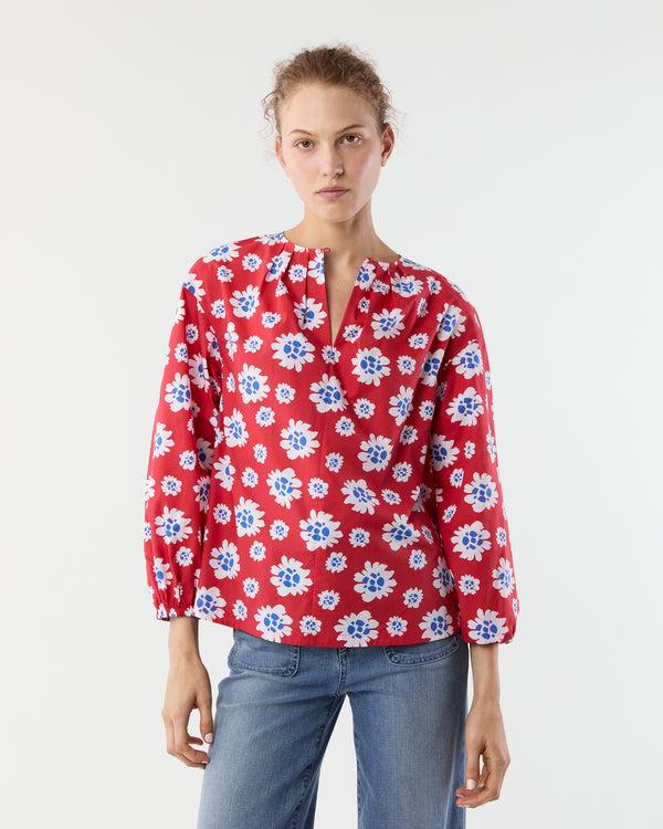 sid mashburn Alma Blouse in Red/Blue Floral Printed Poplin
