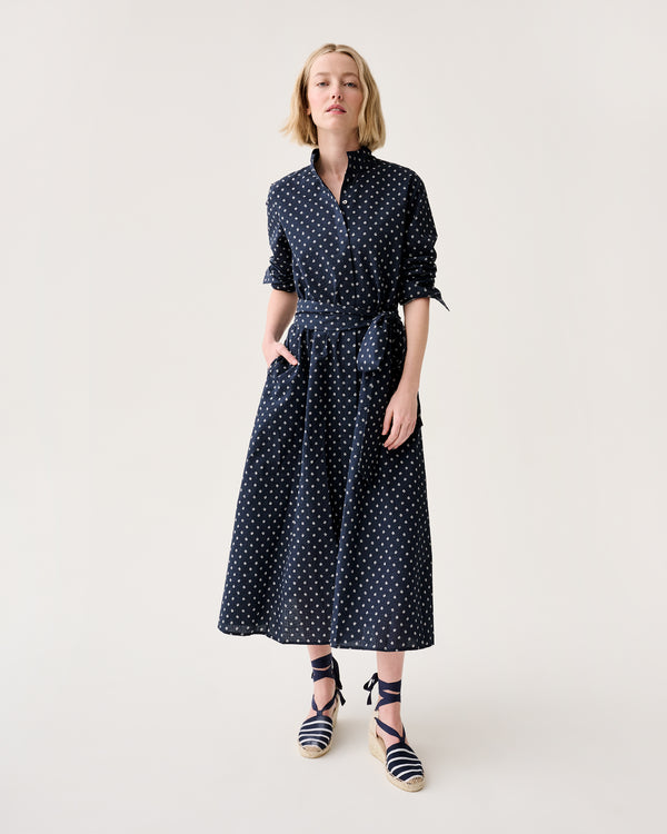 Sid Mashburn Annette Dress In Navy Leaf Printed Crinkle Cotton
