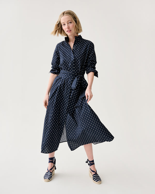 sid mashburn Annette Dress in Navy Leaf Printed Crinkle Cotton