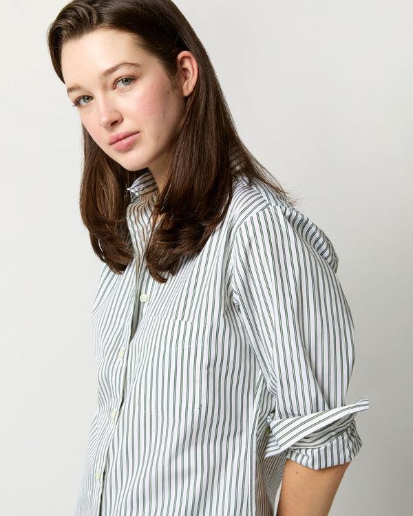 Sid Mashburn Boyfriend Shirt In White/Green Multi Stripe Poplin