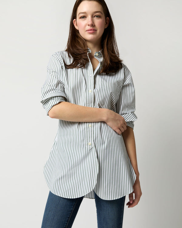 sid mashburn Boyfriend Shirt in White/Green Multi Stripe Poplin