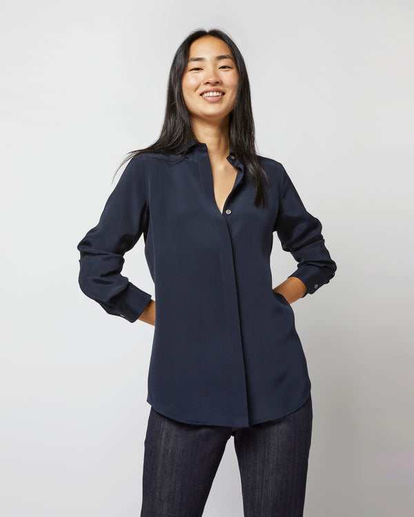 sid mashburn Classic Blouse in Navy Silk Crepe de Chine
