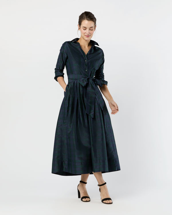 Sid Mashburn Classic Shirtwaist Maxi Dress In Blackwatch Silk Shantung