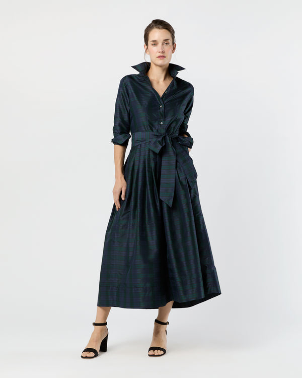 sid mashburn Classic Shirtwaist Maxi Dress in Blackwatch Silk Shantung