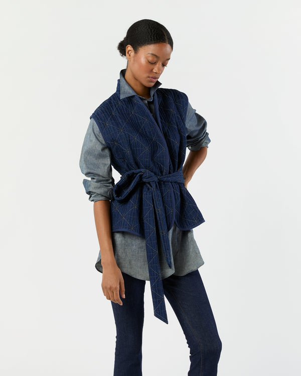 sid mashburn Corinne Vest in Indigo Patchwork Matelassé