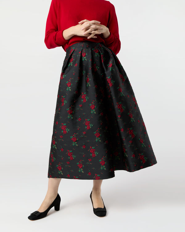 Sid Mashburn Cossie Midi Skirt In Black/Red Rose Matelassé
