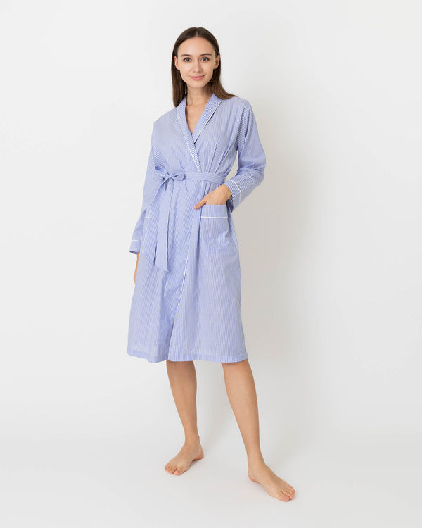 Sid Mashburn Darcey Robe In Blue Bengal Stripe Cotton Lawn