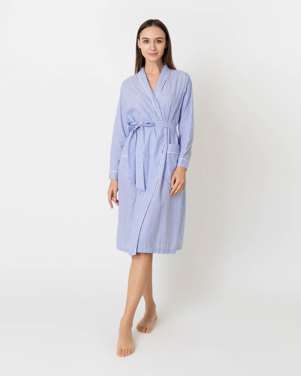 sid mashburn Darcey Robe in Blue Bengal Stripe Cotton Lawn