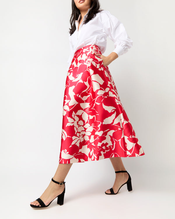 Sid Mashburn Elana Skirt In Red/Natural Bold Abstract Flower Mikado