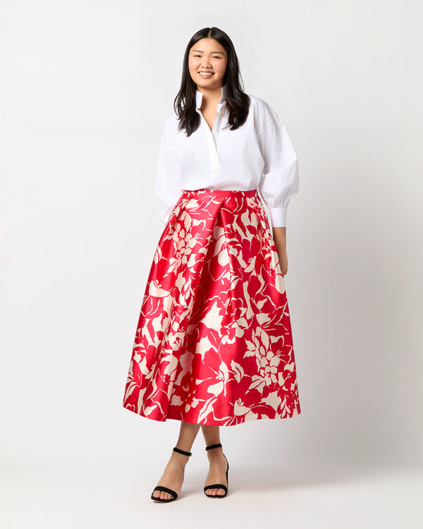 sid mashburn Elana Skirt in Red/Natural Bold Abstract Flower Mikado