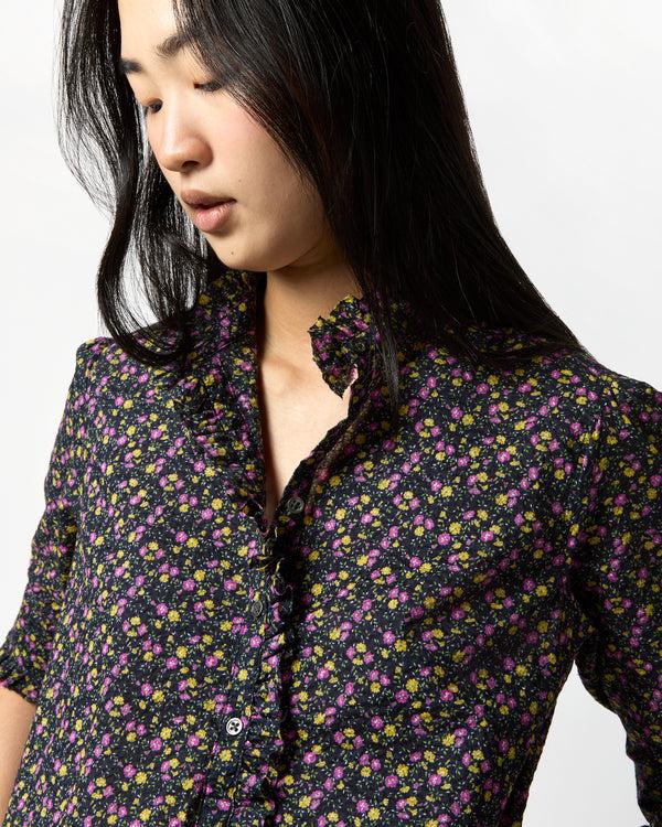 Sid Mashburn Elbow-Sleeve Frill Dress In Navy/Berry Mini Floral Crinkle Cotton