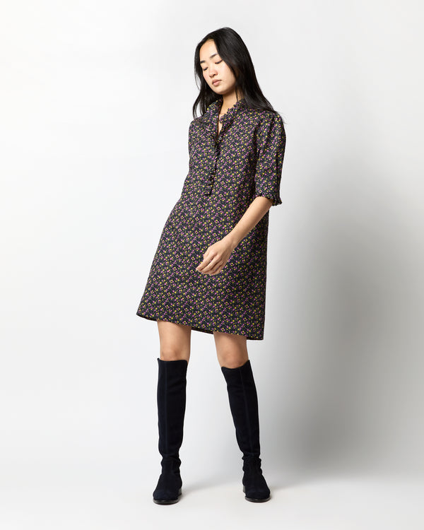 Sid Mashburn Elbow-Sleeve Frill Dress In Navy/Berry Mini Floral Crinkle Cotton