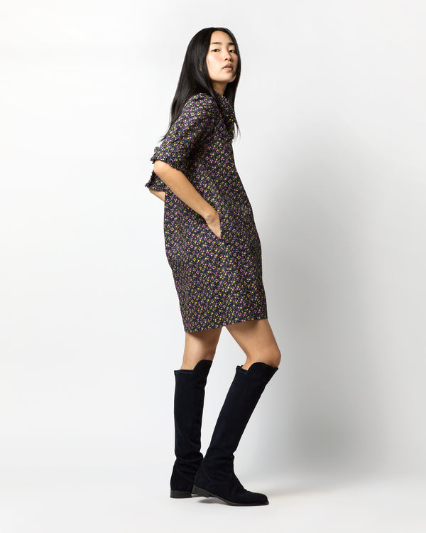 Sid Mashburn Elbow-Sleeve Frill Dress In Navy/Berry Mini Floral Crinkle Cotton