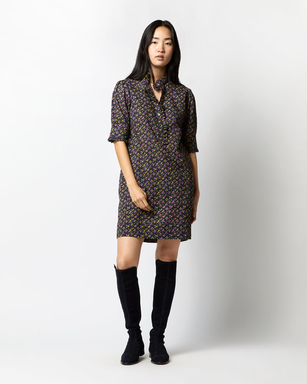 sid mashburn Elbow-Sleeve Frill Dress in Navy/Berry Mini Floral Crinkle Cotton