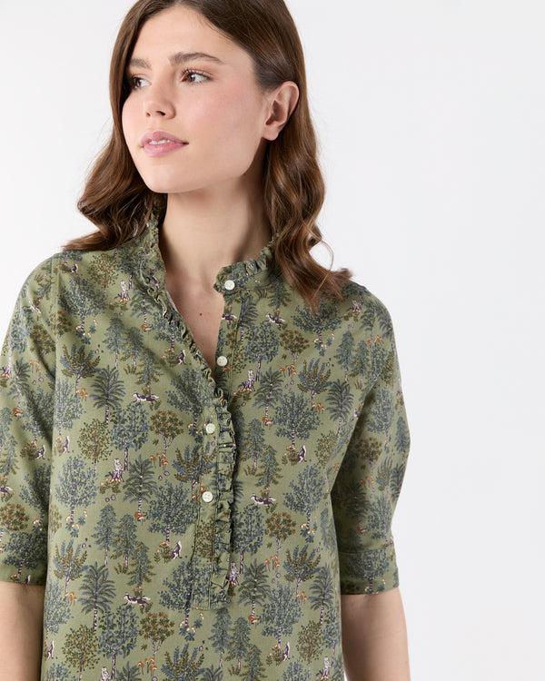 Sid Mashburn Elbow-Sleeve Frill Dress In Olive/Multi Forest Printed Twill