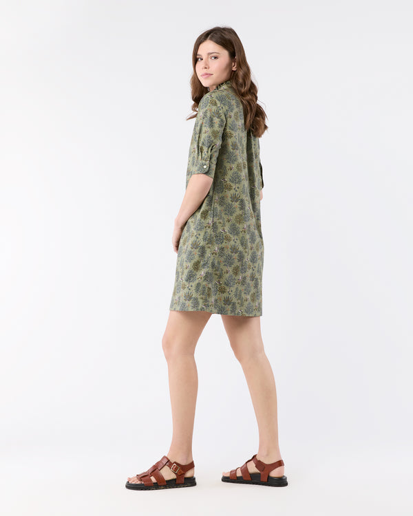 Sid Mashburn Elbow-Sleeve Frill Dress In Olive/Multi Forest Printed Twill