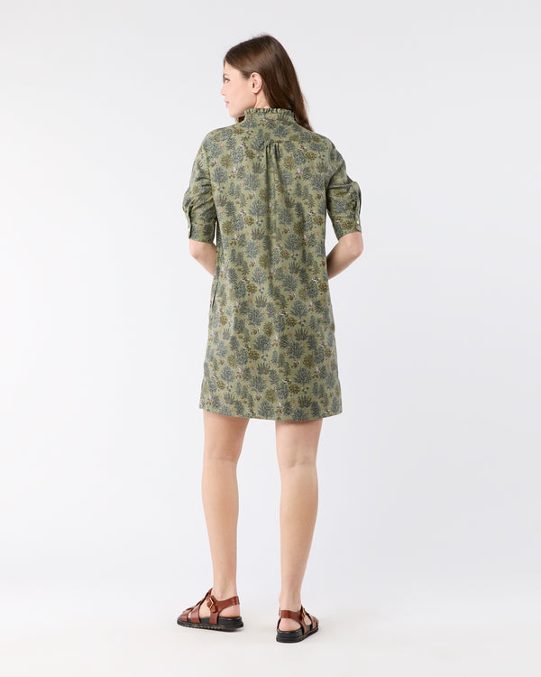 Sid Mashburn Elbow-Sleeve Frill Dress In Olive/Multi Forest Printed Twill